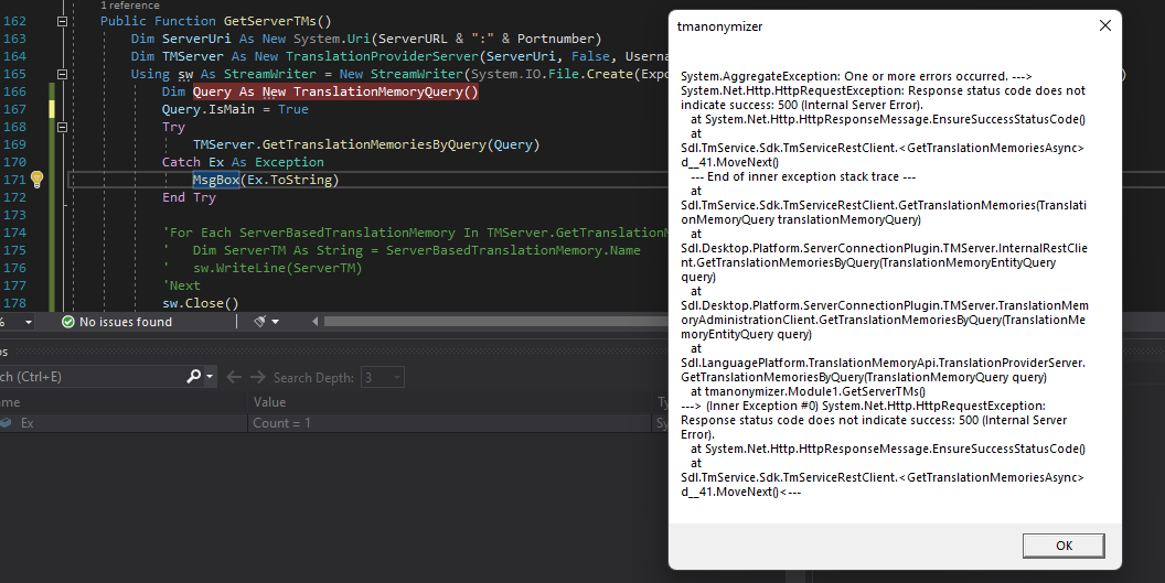 Screenshot of Trados Studio error message displaying 'System.AggregateException: One or more errors occurred.' and 'System.Net.Http.HttpRequestException: Response status code does not indicate success: 500 (Internal Server Error).'