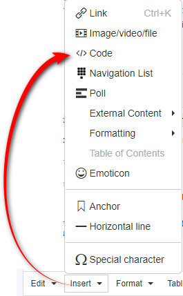 Screenshot showing the 'Insert' button in a forum text editor with an arrow pointing to the 'Code' option.