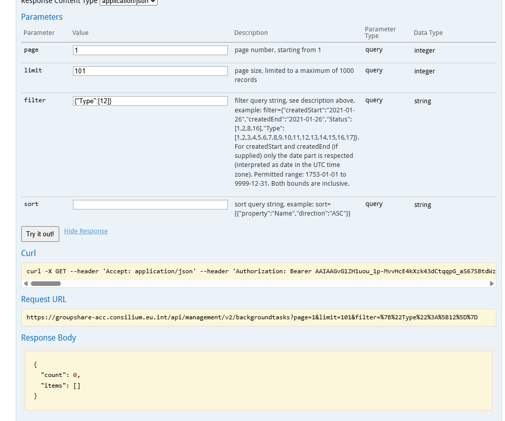 Swagger UI showing parameters for page, limit set to 101, filter with Type 12, and sort. Response body shows count 0 and no items.