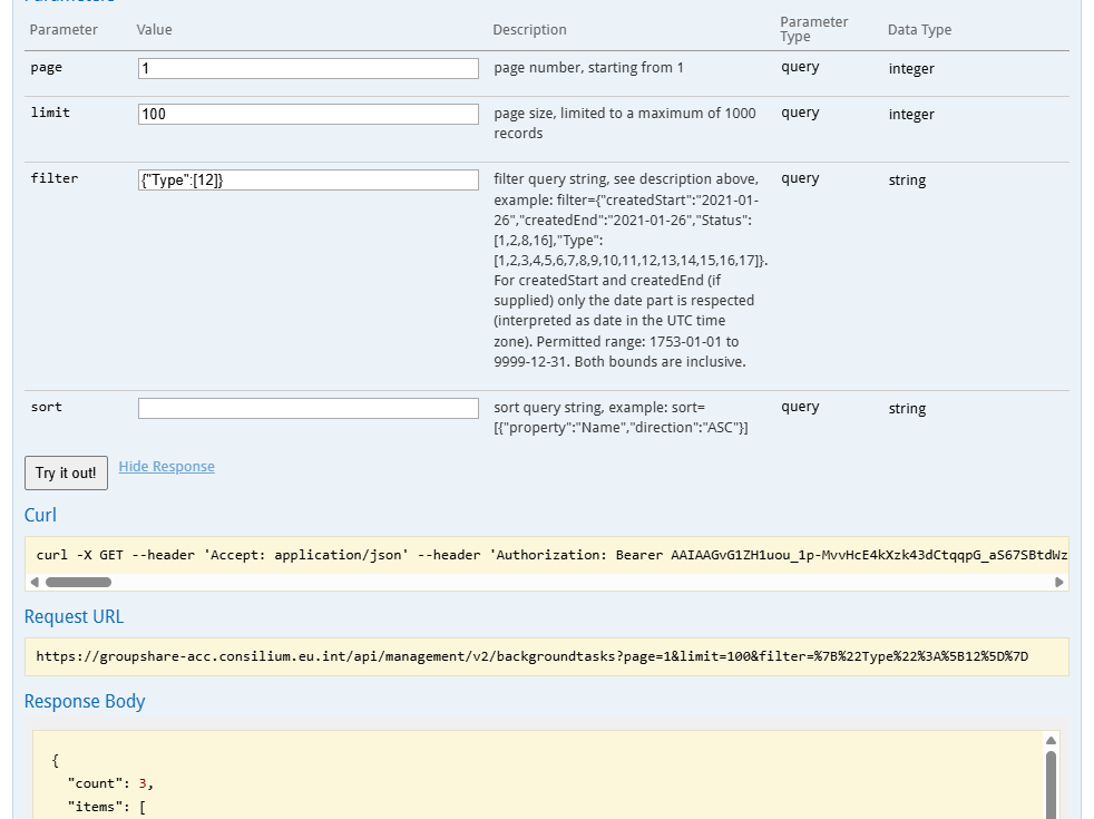 Swagger UI showing parameters for page, limit set to 100, filter with Type 12, and sort. Response body shows count 3 and three items.