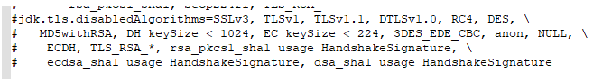 Screenshot showing a list of disabled algorithms in Java, including SSLv3, TLSv1, TLSv1.1, DTLSv1.0, RC4, DES, MD5withRSA, and others, with comments and line breaks.