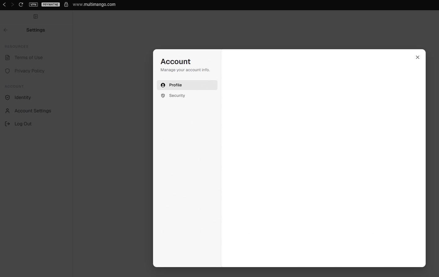 Screenshot of the Multi-mango account settings page showing options for Profile and Security under the Account section.