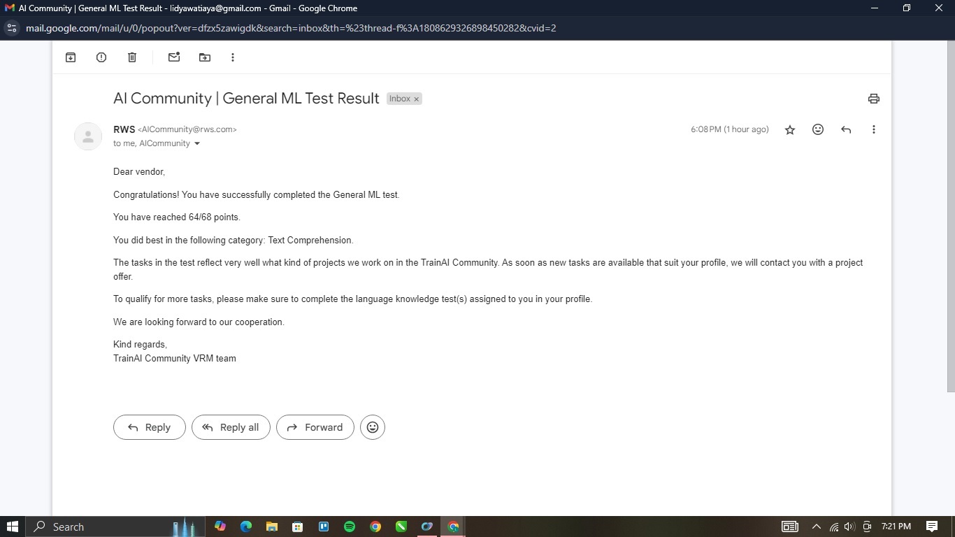 Email screenshot from AI Community with subject 'General ML Test Result'. The email congratulates the recipient for completing the General ML test with a score of 6468 points and mentions best performance in Text Comprehension. It advises to complete language knowledge tests in the profile for more tasks.