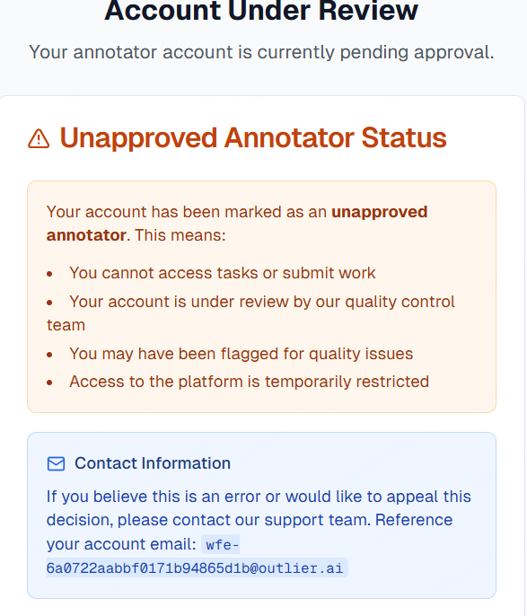 Screenshot showing 'Account Under Review' message with 'Unapproved Annotator Status' warning. Details include restricted access, quality review, and contact information for support.
