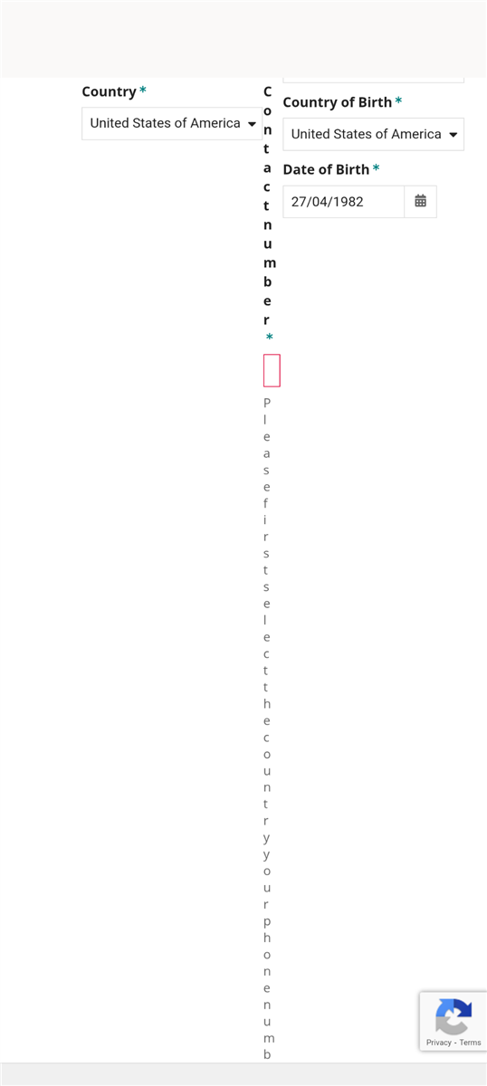 Screenshot of a sign-up form with a layout issue displaying the 'Contact number' field label vertically and a small input box, indicating a possible website error.