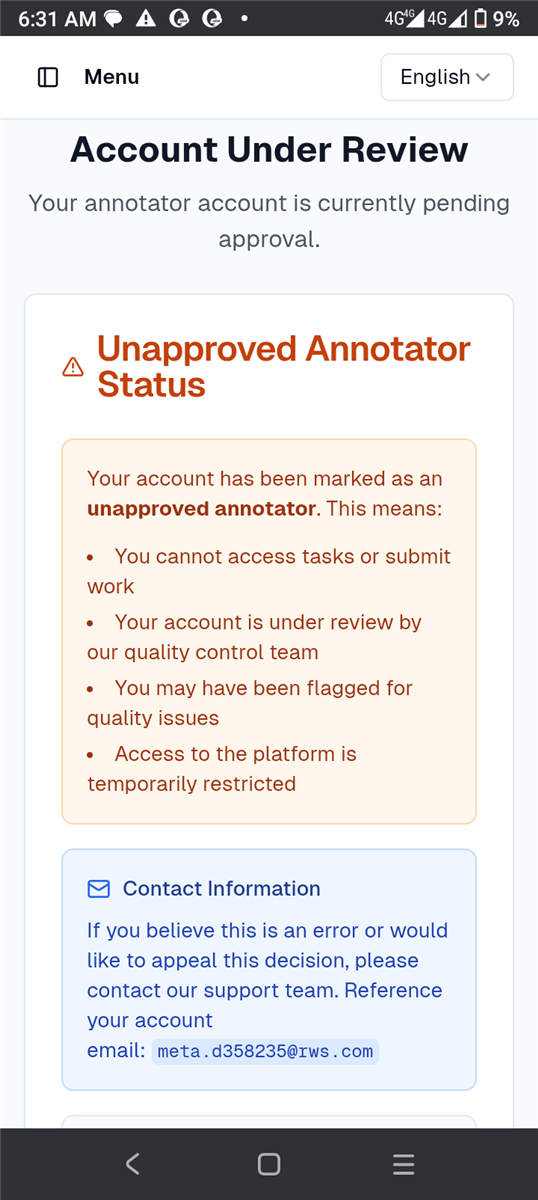 Screenshot showing 'Account Under Review' message with details about unapproved annotator status, reasons for restriction, and contact information for support.