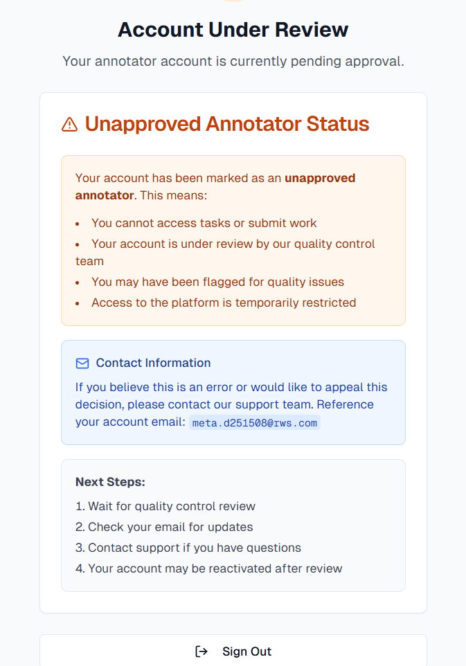 Screenshot showing 'Account Under Review' message with 'Unapproved Annotator Status'. Includes reasons for account review, contact information, and next steps for reactivation.