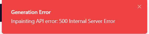 Error message displayed in a red box: 'Generation Error - Inpainting API error: 500 Internal Server Error'.