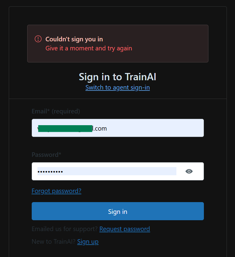 Login page for TrainAI showing an error message in red: 'Couldn't sign you in. Give it a moment and try again.' Fields for email and password are visible, with a 'Sign in' button below.