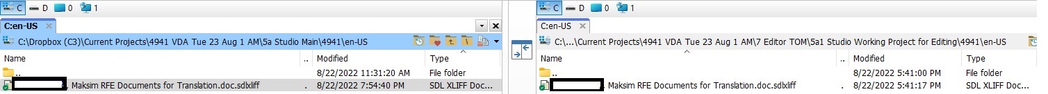 Two file explorer windows open showing Trados Studio project folders. Left window has project files in 'Studio Main' folder, right window in 'Editor Tom' folder.