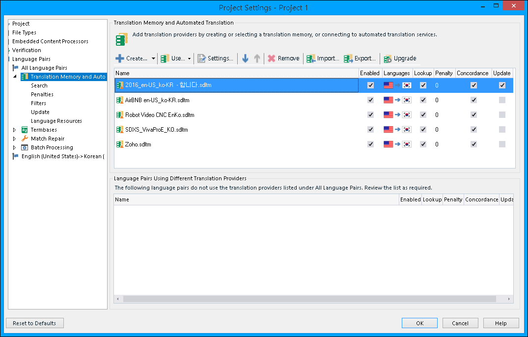 Trados Studio Project Settings window showing Translation Memory and Automated Translation tab with five translation memory providers listed: 2016_enUS_koKR, AirBNB_enUS_koKR, Robot Video CNC EnKo, SDXS_VivaProE_KO, and Zoho. All are enabled with zero penalties and concordance.