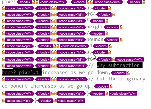 Text editor in Trados Studio with multiple 'code' tags, some with class 'c1' highlighted, and a comment questioning why subtraction here when the imaginary component increases as we go up.