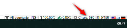 Screenshot of Trados Studio showing character count for target text at 560 in the bottom right corner of the screen.