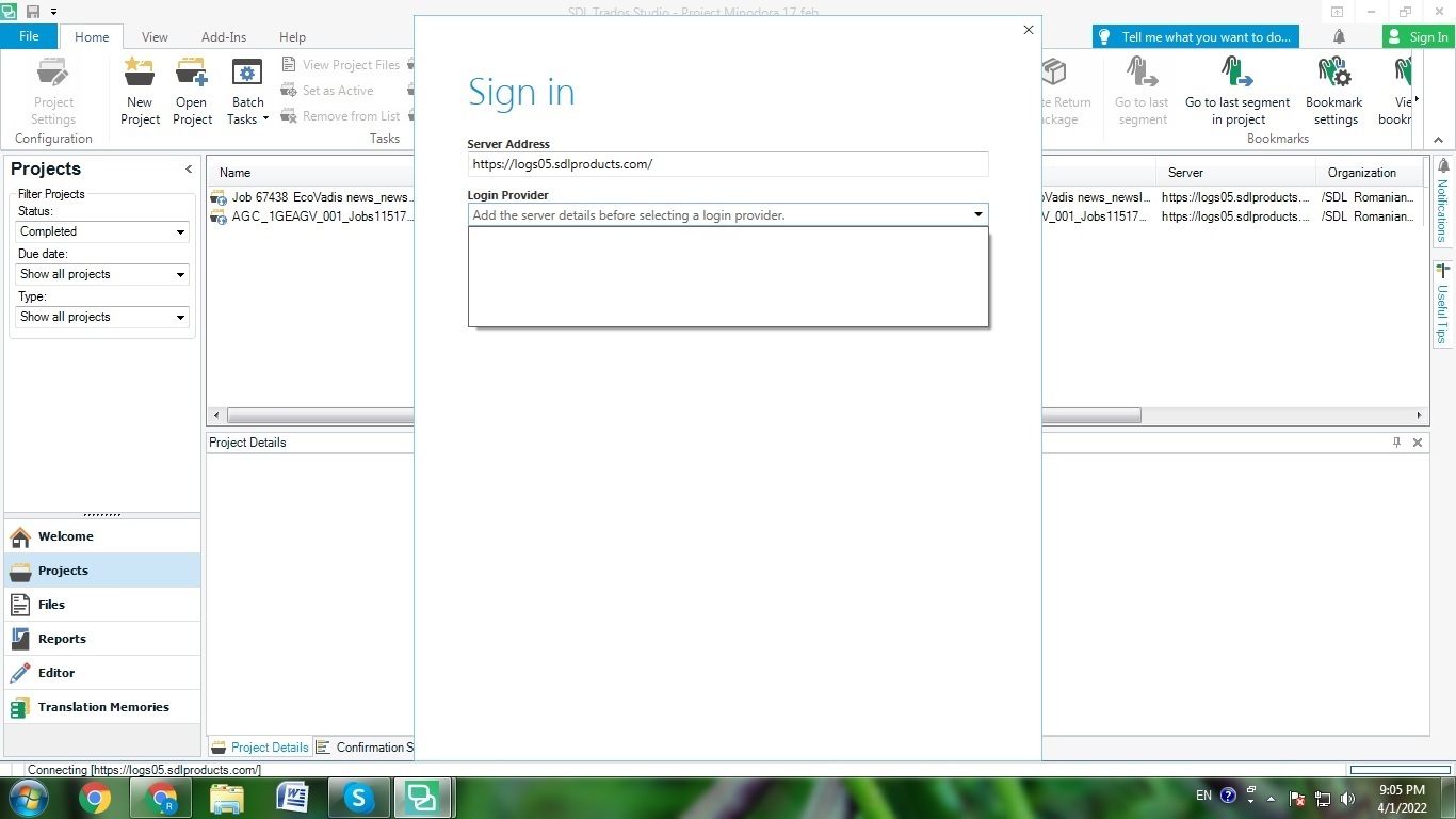 SDL Trados Studio sign-in window with an error message stating 'Add the server details before selecting a login provider.'