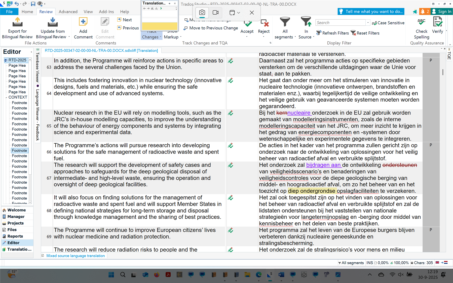 Screenshot of Trados Studio 2022-2024 interface showing a bilingual document with English and Dutch text. The Editor pane displays translation segments with source and target columns.