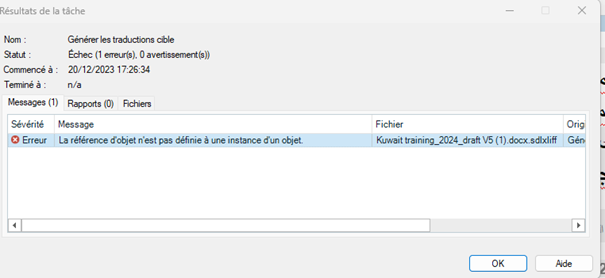 Trados Studio task results window showing a failed status with an error message 'the reference of an object is not defined to an instance of an object' for file 'Kuwait training_2024_draft V5 (1).docx.sdlxliff'.