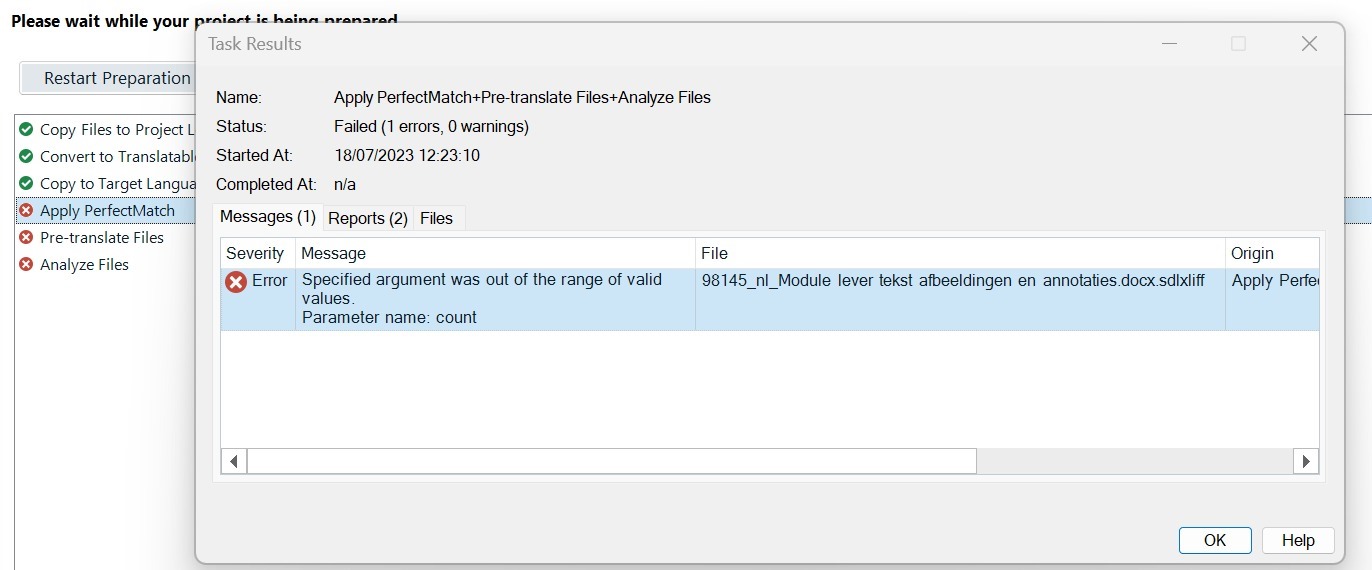 Trados Studio error message window showing 'Apply PerfectMatch+Pre-translate Files+Analyze Files' task failed with one error. Error reads 'Specified argument was out of the range of valid values. Parameter name: count'. File name is partially visible as '98145_nl_Module lever tekst afbeeldingen en annotaties.docx.sdlxliff'.
