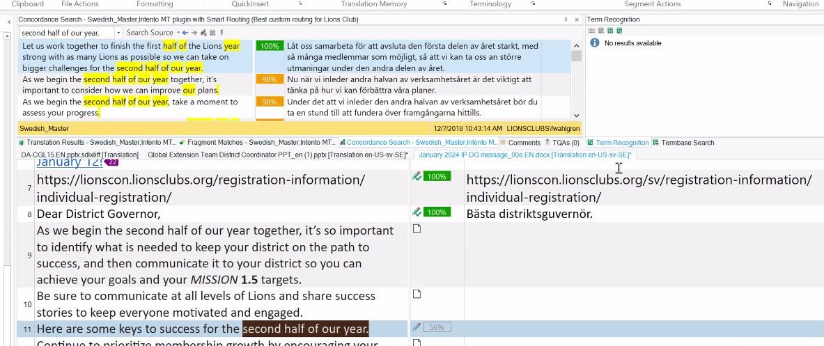 Screenshot of Trados Studio with Translation Results pane, showing 100% match for a segment and a highlighted URL link in the source text.