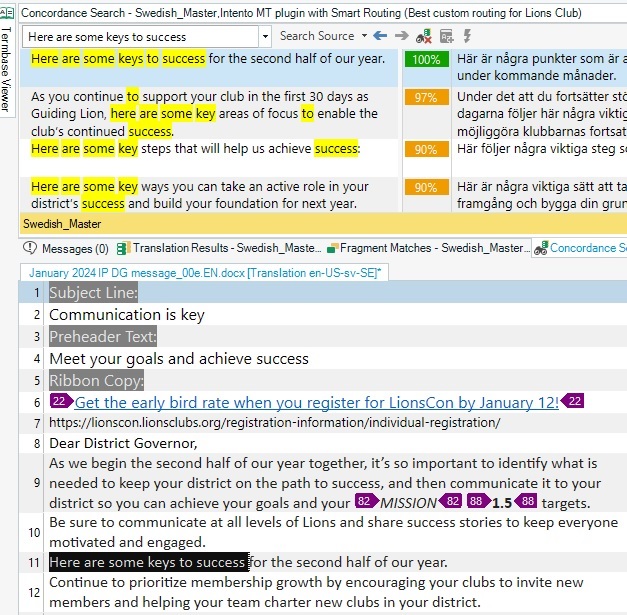 Screenshot of Trados Studio showing Translation Results with match percentages for the term 'success' and a highlighted segment with 100% match.