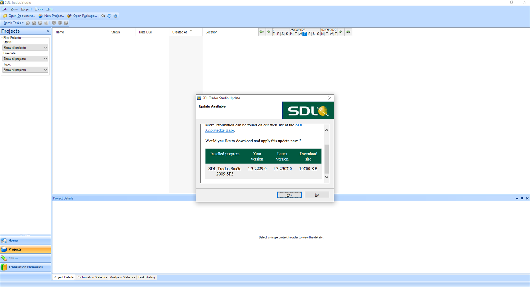 Screenshot of Trados Studio 2009 SP3 with an update prompt window showing an available update to version 1.3.2307.0 with a download size of 10700 KB.