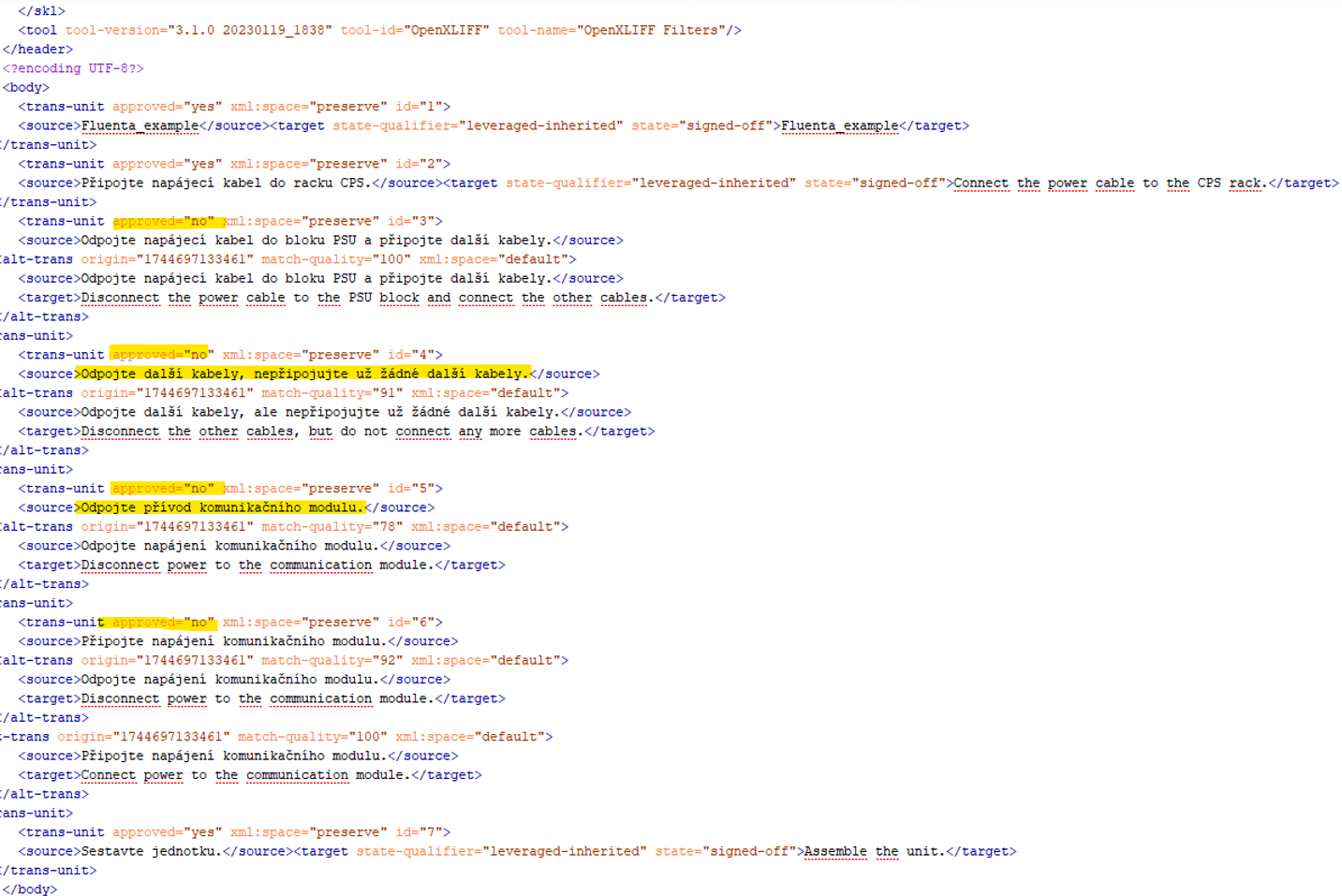 Screenshot of an XLIFF file with trans-unit elements, some with approved='yes' status and match-quality attributes, source and target texts in English.