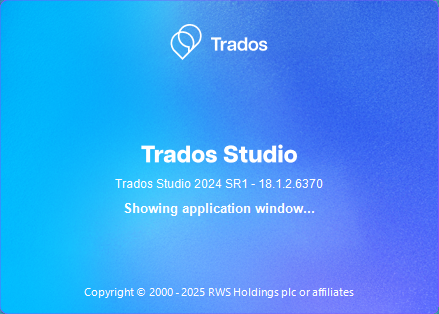 Trados Studio 2024 SR1 splash screen showing 'Showing application window...' message on a blue gradient background.