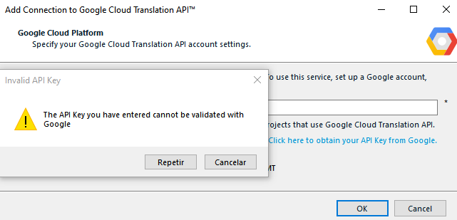 Trados Studio error message stating 'Invalid API Key' with a warning icon indicating the API key cannot be validated with Google.