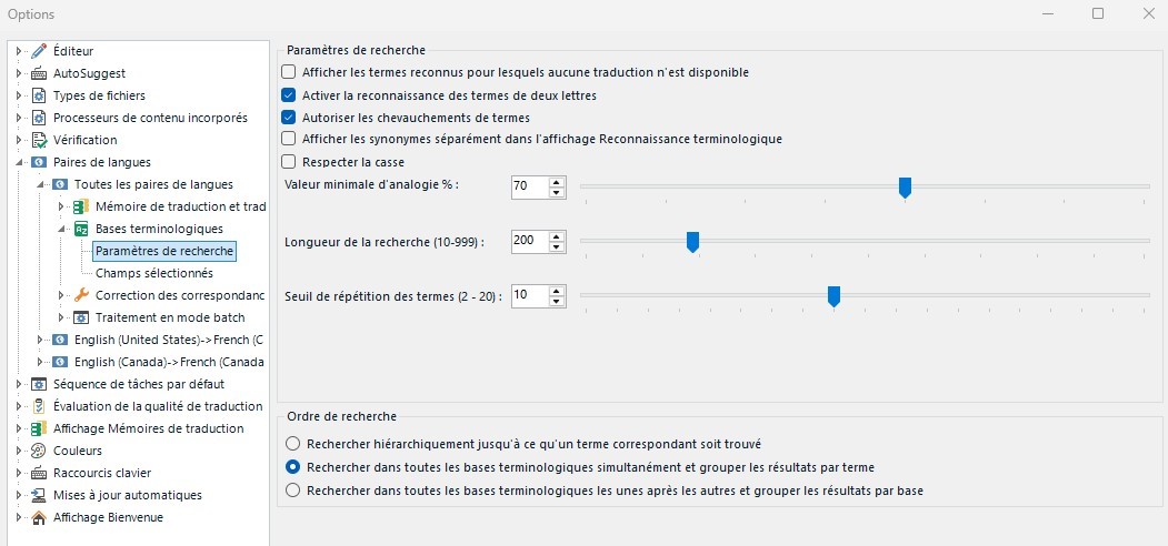 Trados Studio options window showing term recognition settings, including sliders for analogy percentage, search length, and term repetition threshold.