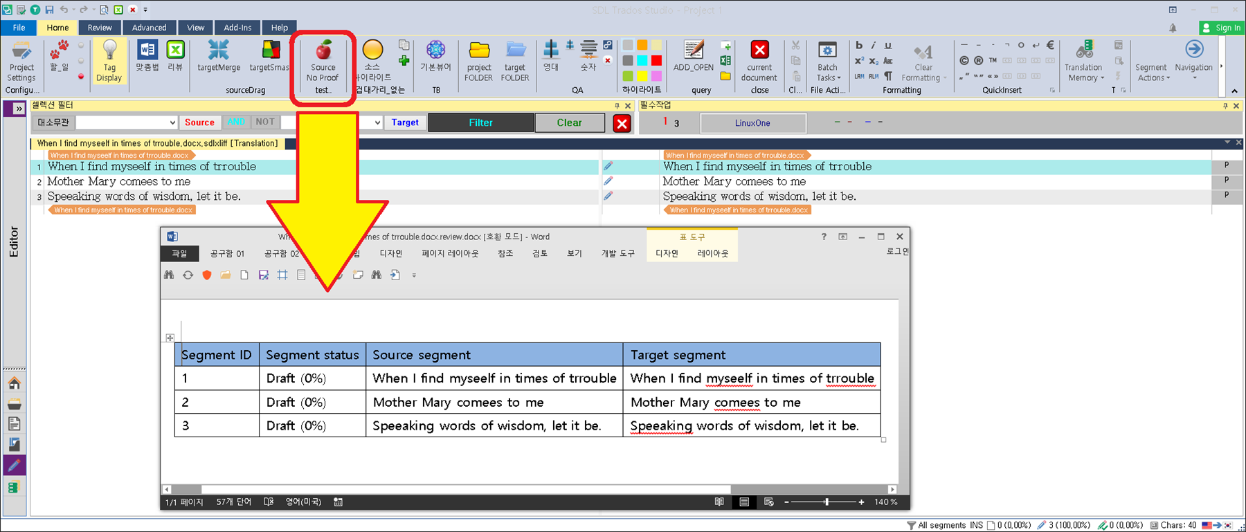 Trados Studio screenshot showing an 'Apple icon' clicked for exporting a bilingual review MS Word file, with a 'RedWorm' status indicator.