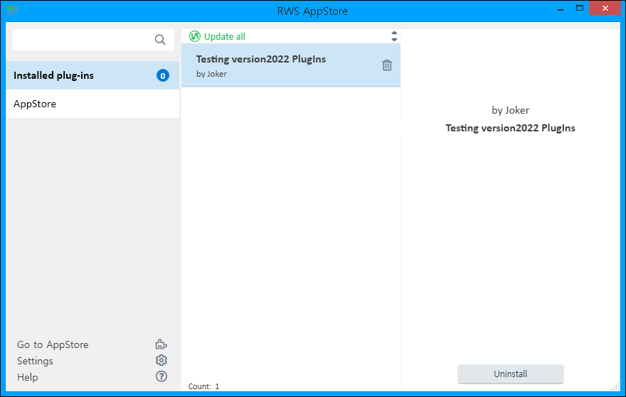 Screenshot of Trados Studio's RWS AppStore showing 'Installed plug-ins' count as 0 with a plugin named 'Testing version2022 PlugIns' by Joker listed but not installed.