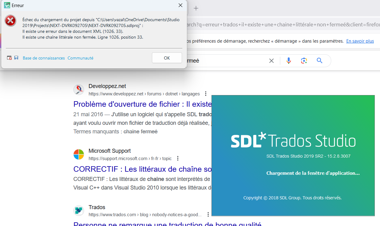 Error dialog box from Trados Studio with a message: Project loading failure from a specified file path. It mentions an XML document error on line 1026, position 33, and an unclosed string literal at the same location.