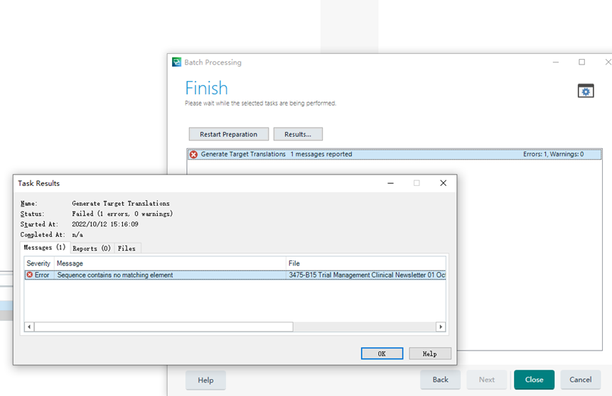 Trados Studio error message window showing 'Generate Target Translations' task failed with 'Sequence contains no matching element' error.