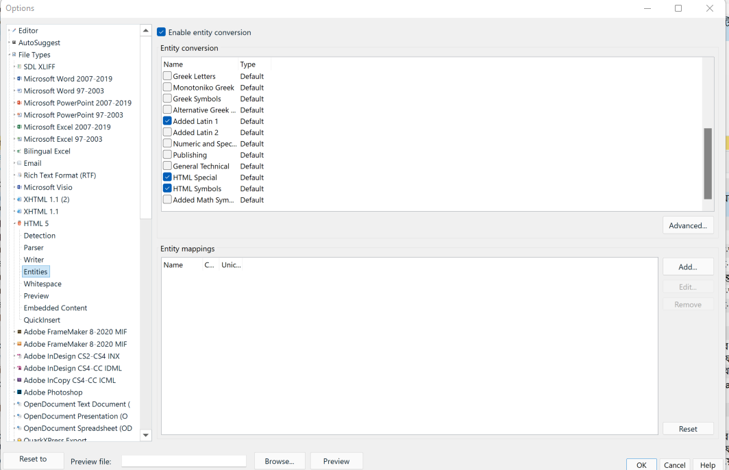 Trados Studio project settings window showing 'Enable entity conversion' checked with a list of entity conversion options such as Greek Letters, Monotonic Greek, and HTML Special.