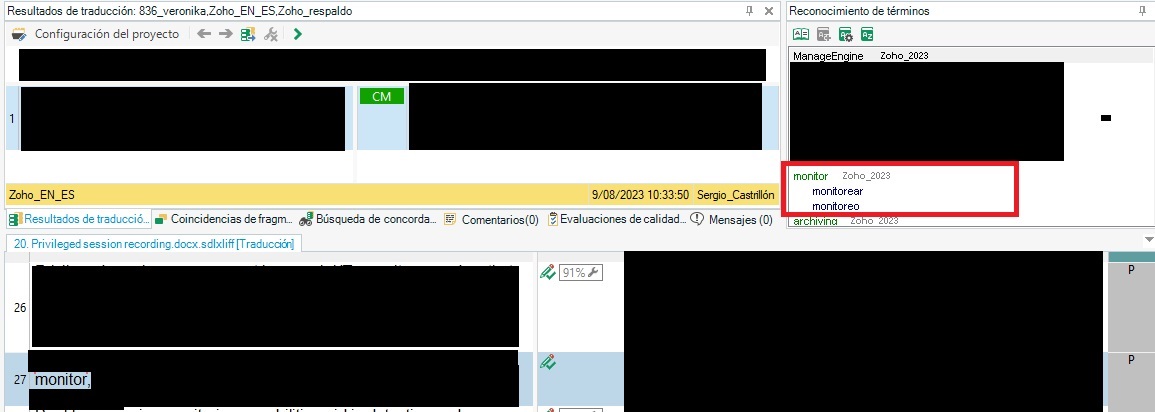 Trados Studio screenshot displaying term recognition pane with terms 'monitor' and 'monitoreo' highlighted, indicating successful term recognition.