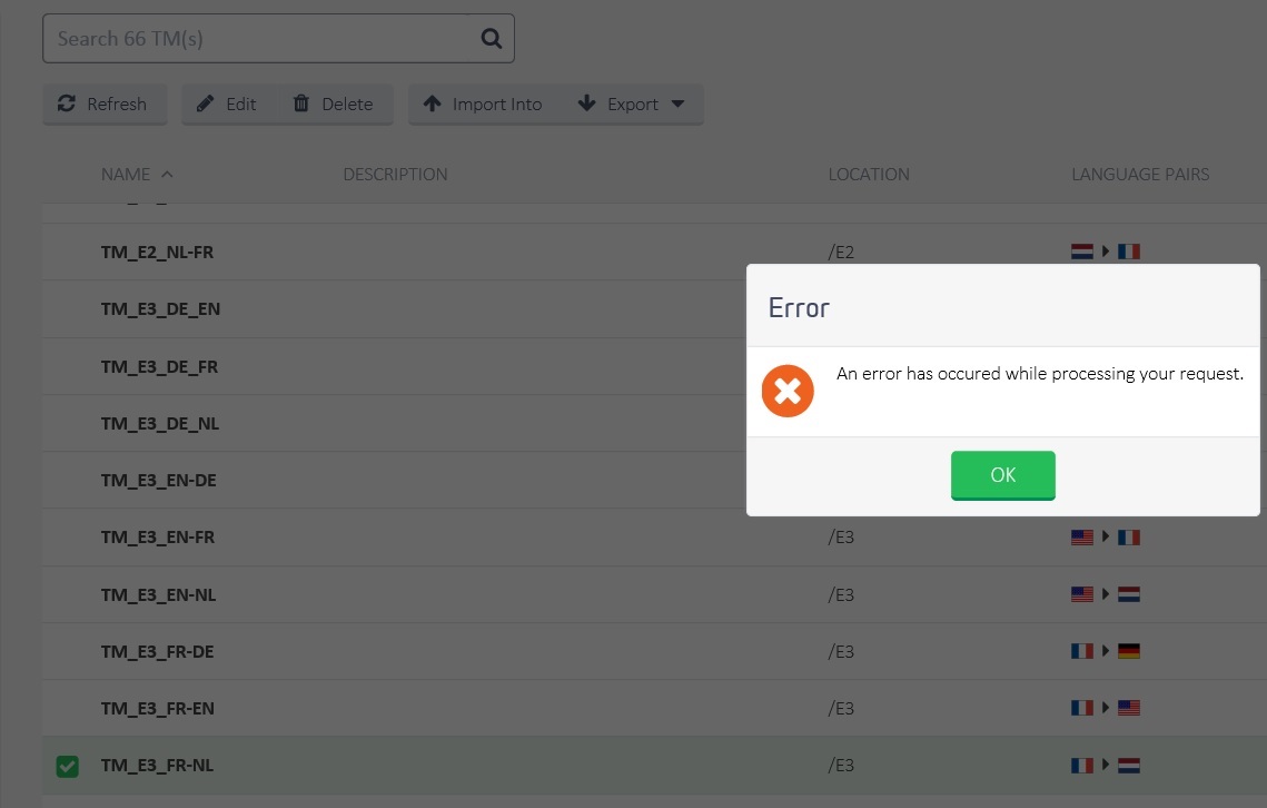 Screenshot showing an error message popup with the text: 'An error has occurred while processing your request.' and an OK button.