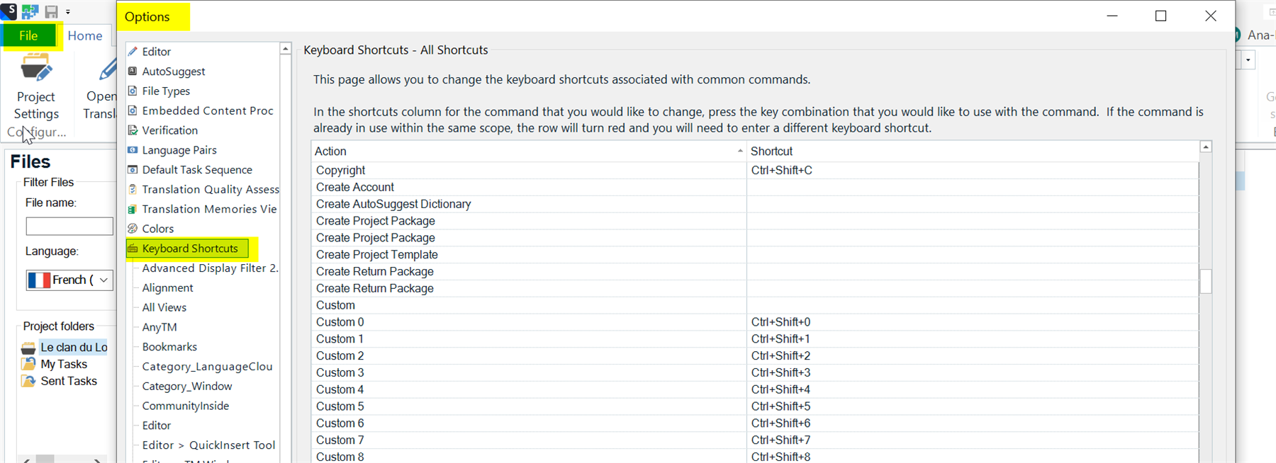 Trados Studio 'Options' window open on 'Keyboard Shortcuts' tab with a list of actions and their corresponding shortcuts.