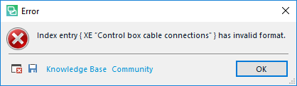 Error dialog box in Trados Studio 2019 displaying a message in English: 'Index entry (XE 'Control box cable connections') has invalid format.'