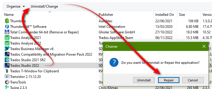Screenshot of Windows Control Panel with a list of programs including 'Trados Studio 2022'. A dialog box with options 'Uninstall' and 'Repair' is highlighted for Trados Studio 2022.