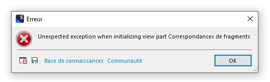 Error dialog in Trados Studio showing 'Unexpected exception when initializing view part Correspondances de fragments' with an OK button.