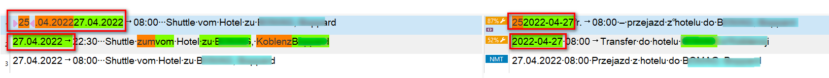 Screenshot showing Trados Studio with incorrect date format inserted in the translation segments, highlighted in red and green.