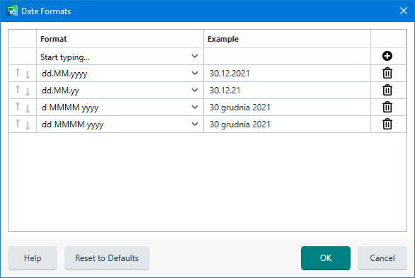 Screenshot of Trados Studio's 'Date Formats' settings window, displaying different date format options with examples.