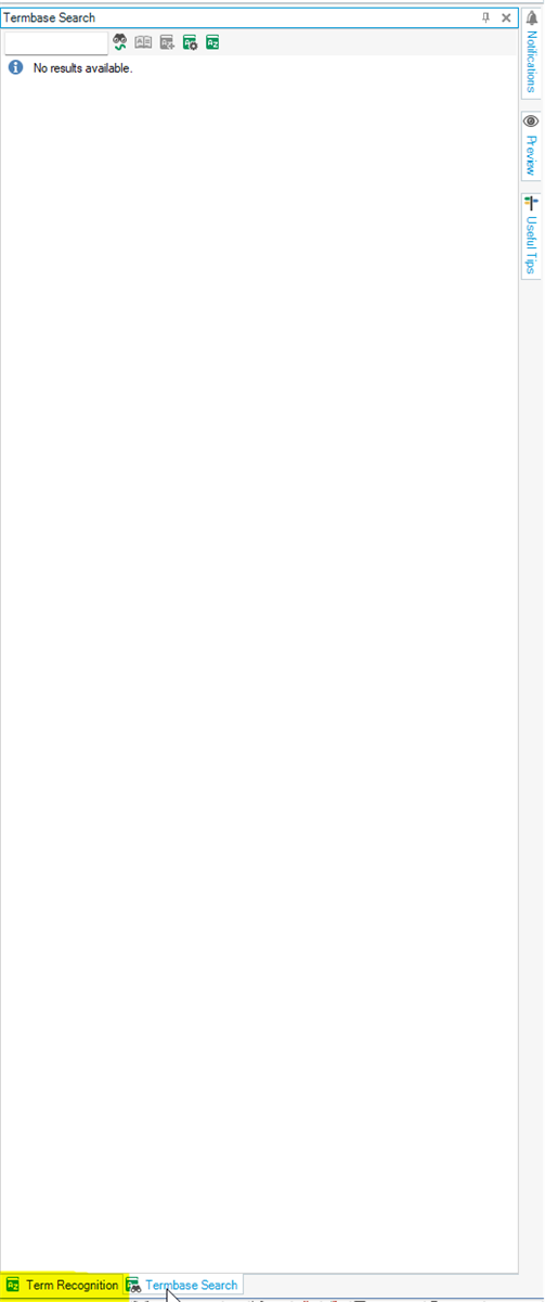 Screenshot of Trados Studio's Termbase Search window displaying a message 'No results available.' with Term Recognition and Termbase Search tabs at the bottom.