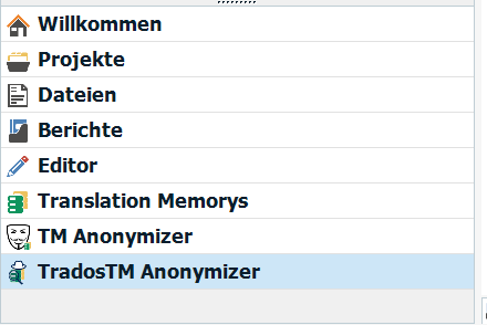 Screenshot of Trados Studio sidebar menu with sections for Welcome, Projects, Files, Reports, Editor, Translation Memorys, TM Anonymizer, and TradosTM Anonymizer.