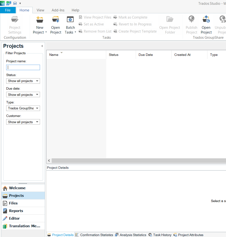 Screenshot of Trados Studio interface showing the Projects tab with options for filtering and viewing projects. No projects are currently listed or selected.
