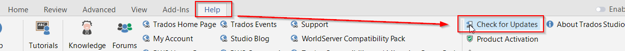 Trados Studio interface showing the Help tab highlighted with an arrow pointing to the 'Check for Updates' option.