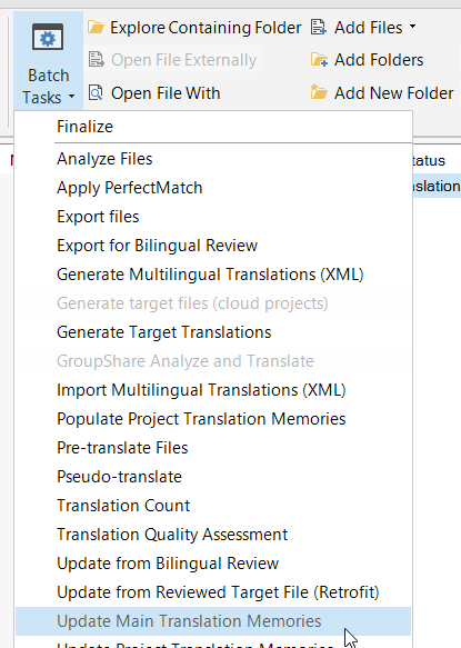 Trados Studio screenshot showing the Batch Tasks menu with 'Update Main Translation Memories' option highlighted.