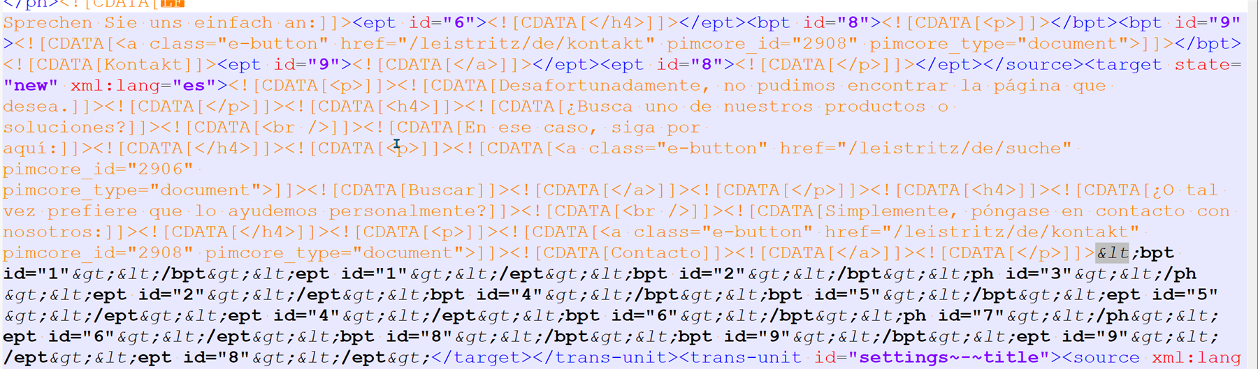 Screenshot of Trados Studio showing a segment of an xliff file with CDATA sections and multiple tags such as ept id, bpt id, and ept id, indicating complex embedded content.