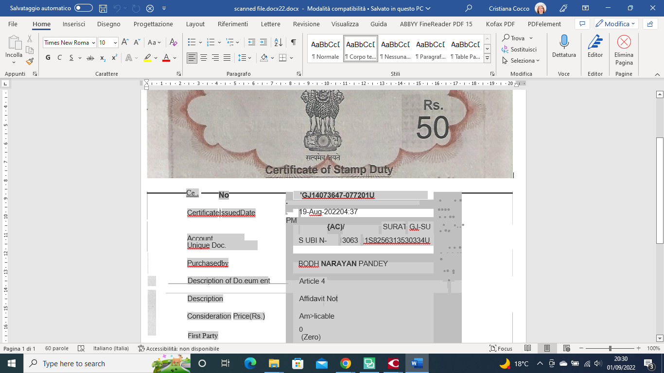 Screenshot of a Word document with a background image of a 50 Rupee note. Text fields and data are overlaid on the image, with some text highlighted in red.