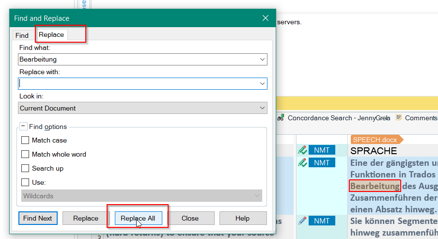 Screenshot of Trados Studio's Find and Replace dialog box with 'Bearbeitung' entered in 'Find what' field and 'Replace with' field empty. 'Replace All' button is highlighted.