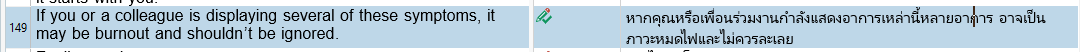 Screenshot of Trados Studio 2022 showing a cursor misalignment issue in the Thai translation segment, with the cursor placed in the middle of a character.